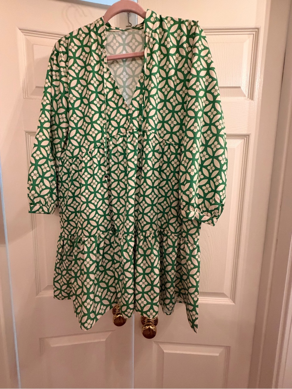 Green and White Geometric Tiered Dress
